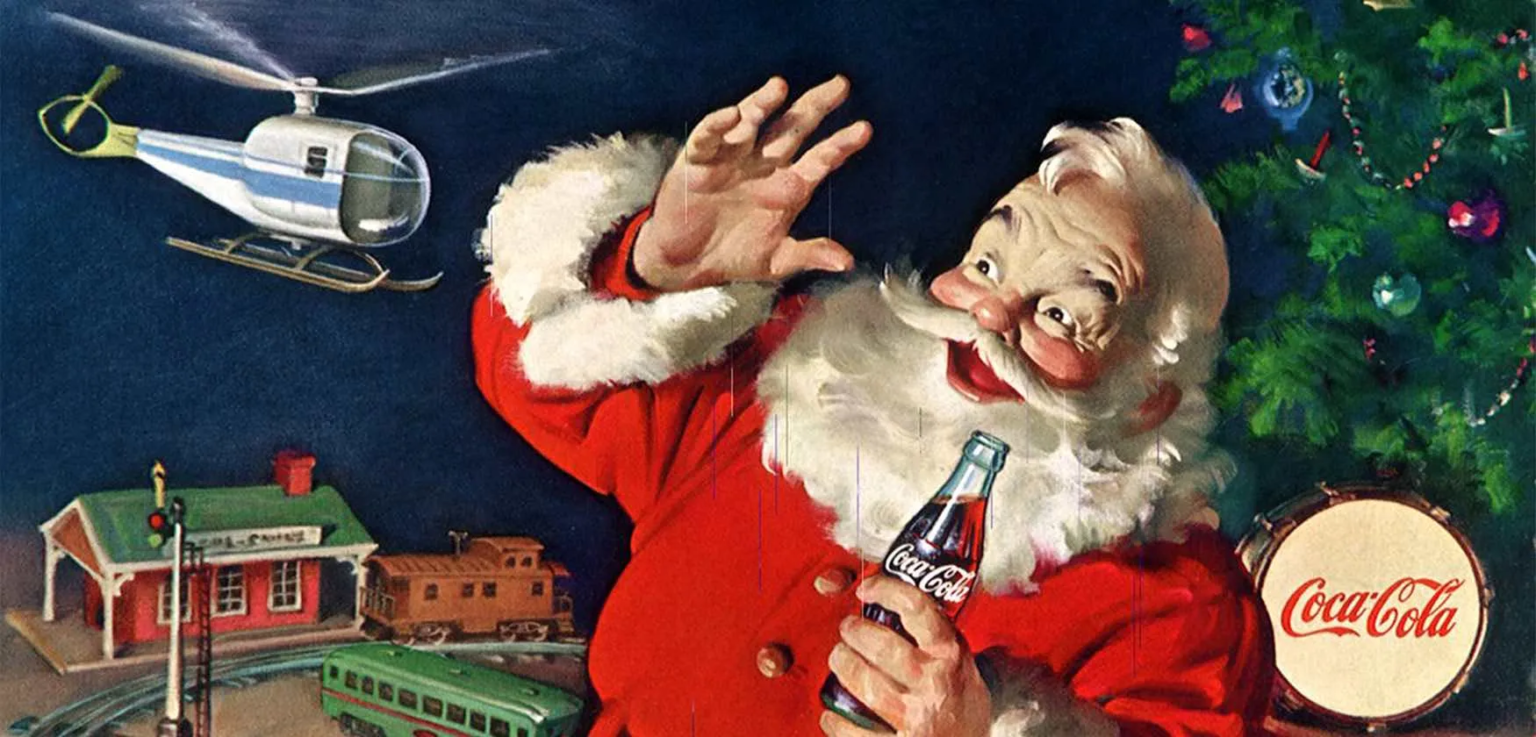 Jolly old Santa Claus in his red suit, holding a classic glass bottle of Coca-Cola, spreading festive cheer