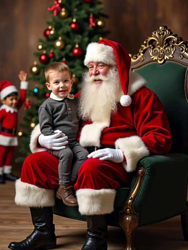 A cute but traditional Saint-like Santa Claus surrounded by children. Santa is dressed in a classic red suit with white fur trim, a black belt, and a jolly expression, holding a bag of gifts. The children are smiling joyfully, dressed in winter clothes, with one holding a small toy. The scene takes place in a cozy, festive setting with a decorated Christmas tree in the background, and soft snow is falling outside the window.