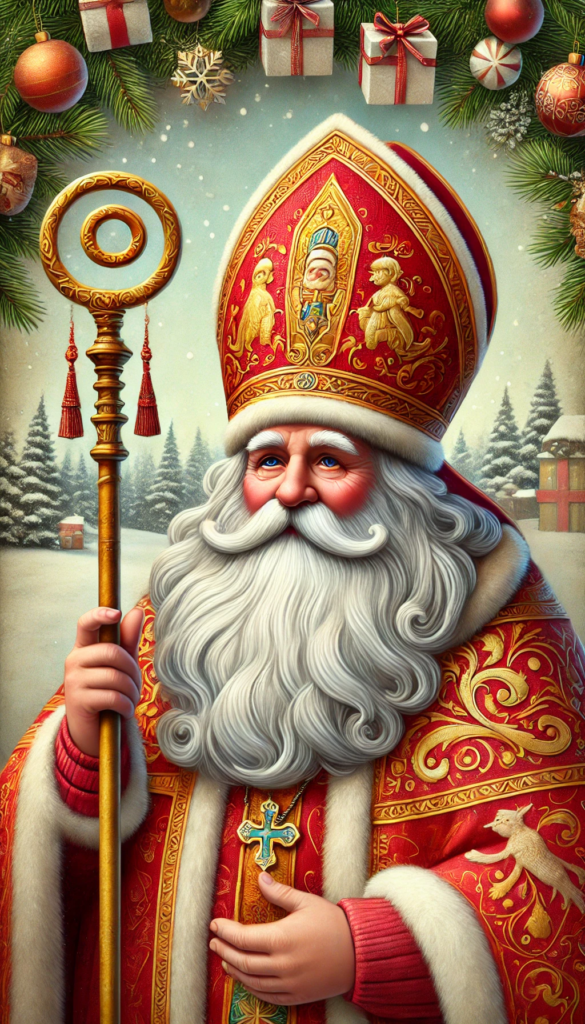 A traditional Santa Claus figure, resembling St. Nicholas, dressed in a rich red robe with intricate gold trim. He has a long, white beard and a kindly expression. His attire includes a fur-lined cloak and a large, ornate staff. Santa is standing in front of a cozy fireplace, surrounded by festive decorations, radiating warmth and generosity, reminiscent of the historical figure known for his kindness. A traditional Santa Claus figure, resembling St. Nicholas, dressed in a rich red robe with intricate gold trim. He has a long, white beard and a kindly expression. His attire includes a fur-lined cloak and a large, ornate staff. Santa is standing in front of a cozy fireplace, surrounded by festive decorations, radiating warmth and generosity, reminiscent of the historical figure known for his kindness.